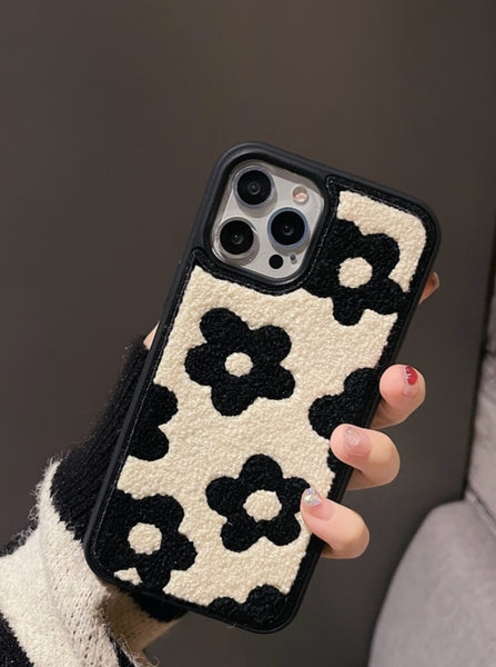 Black Flowers Embroidered iPhone Case