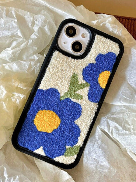 Blue Flowers Embroidered iPhone Case